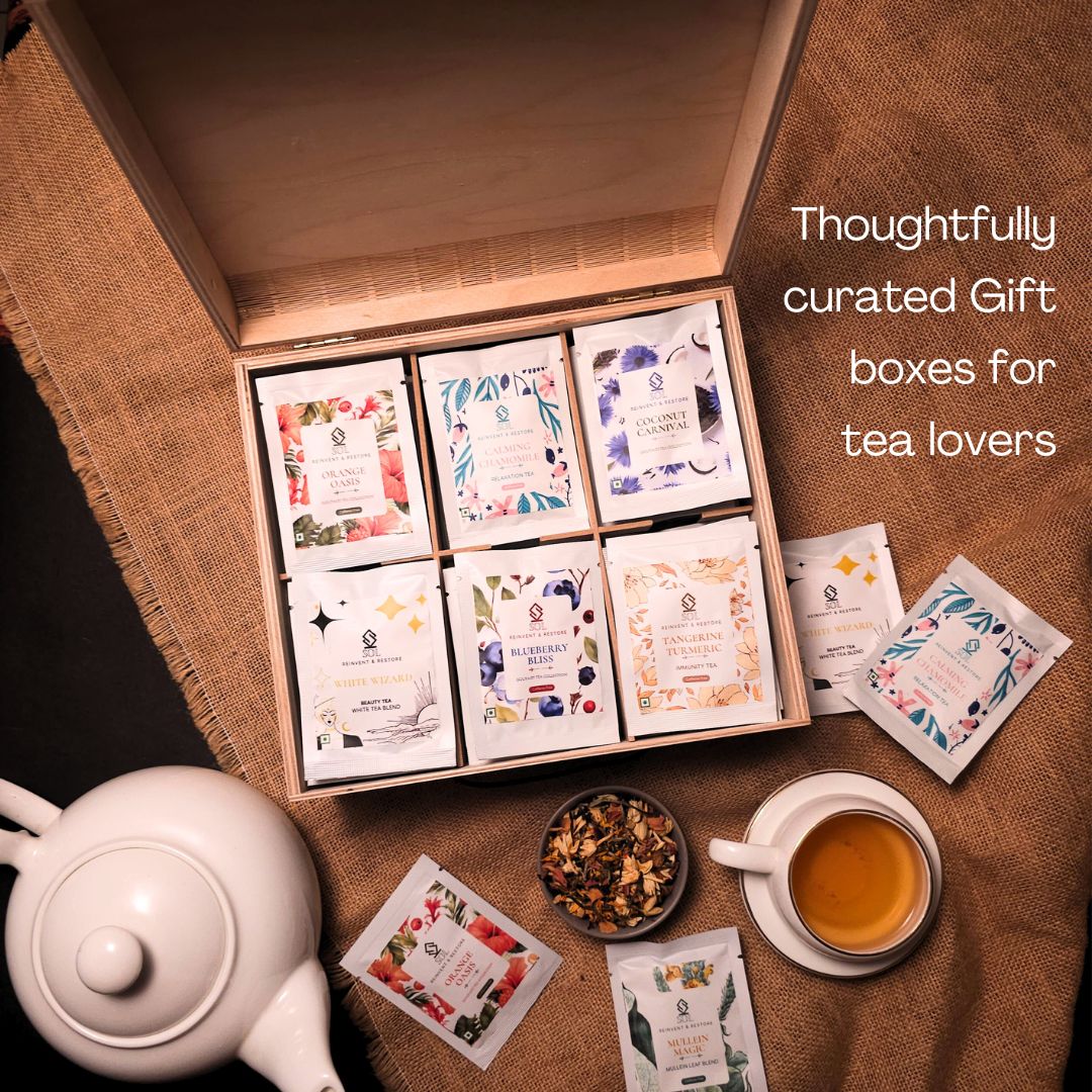 Wooden Herbal Tea Gift Box | 6 Flavours | Contains 60 Tea Bags